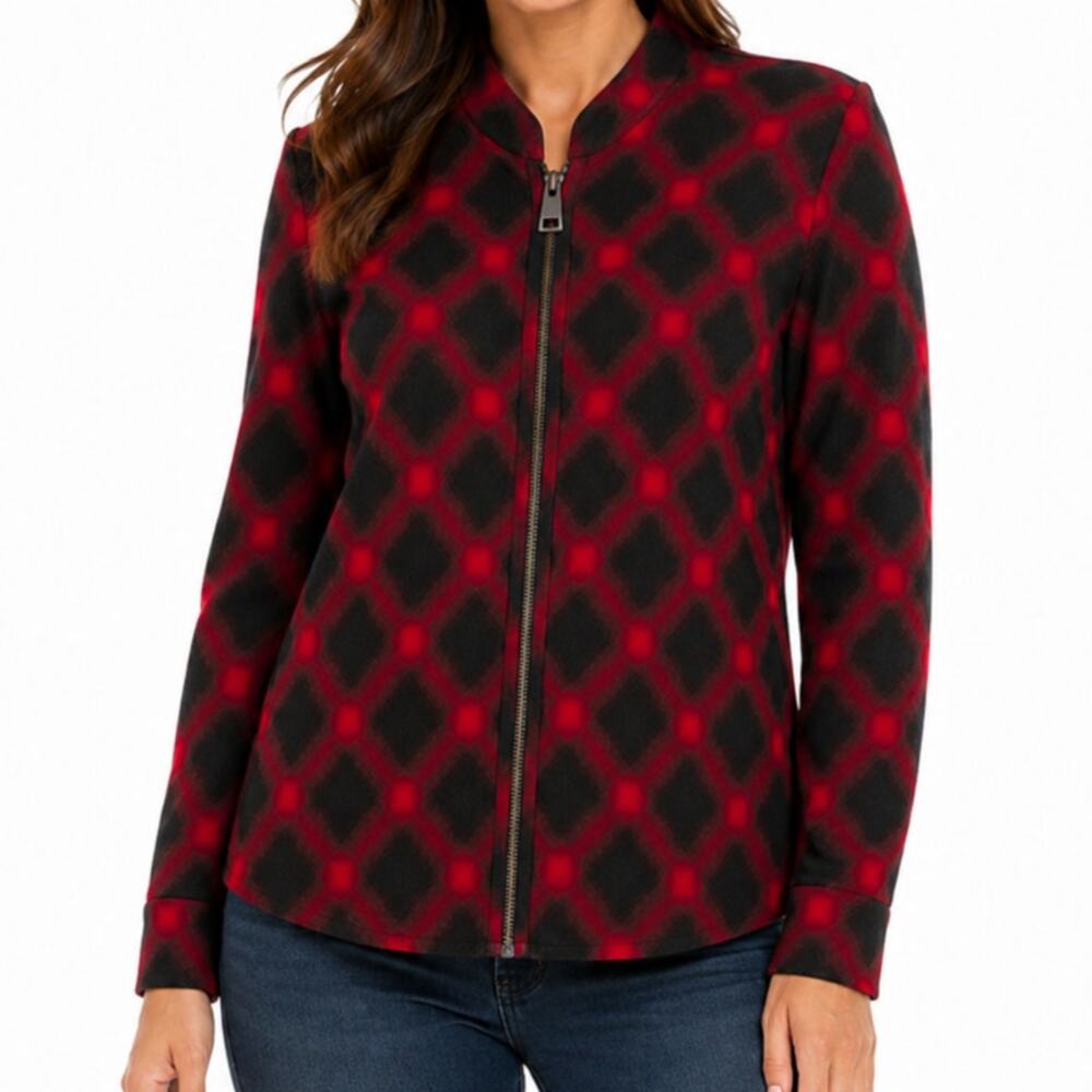 Soft Surroundings Manchester Tunic Zip Jacket Red Black Plaid Womens M